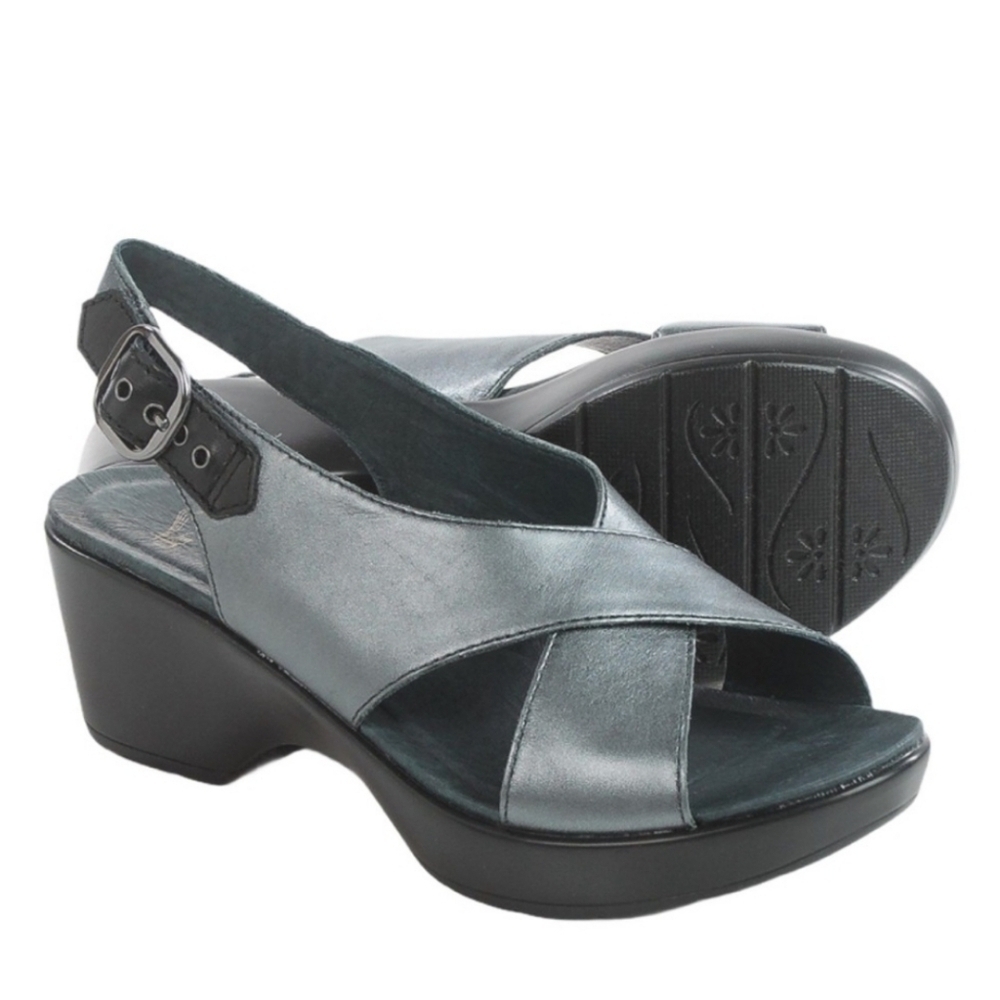 Dansko Jacinda Metallic Pewter Silver Criss‎ Cross Strappy Slingback Sandals 42